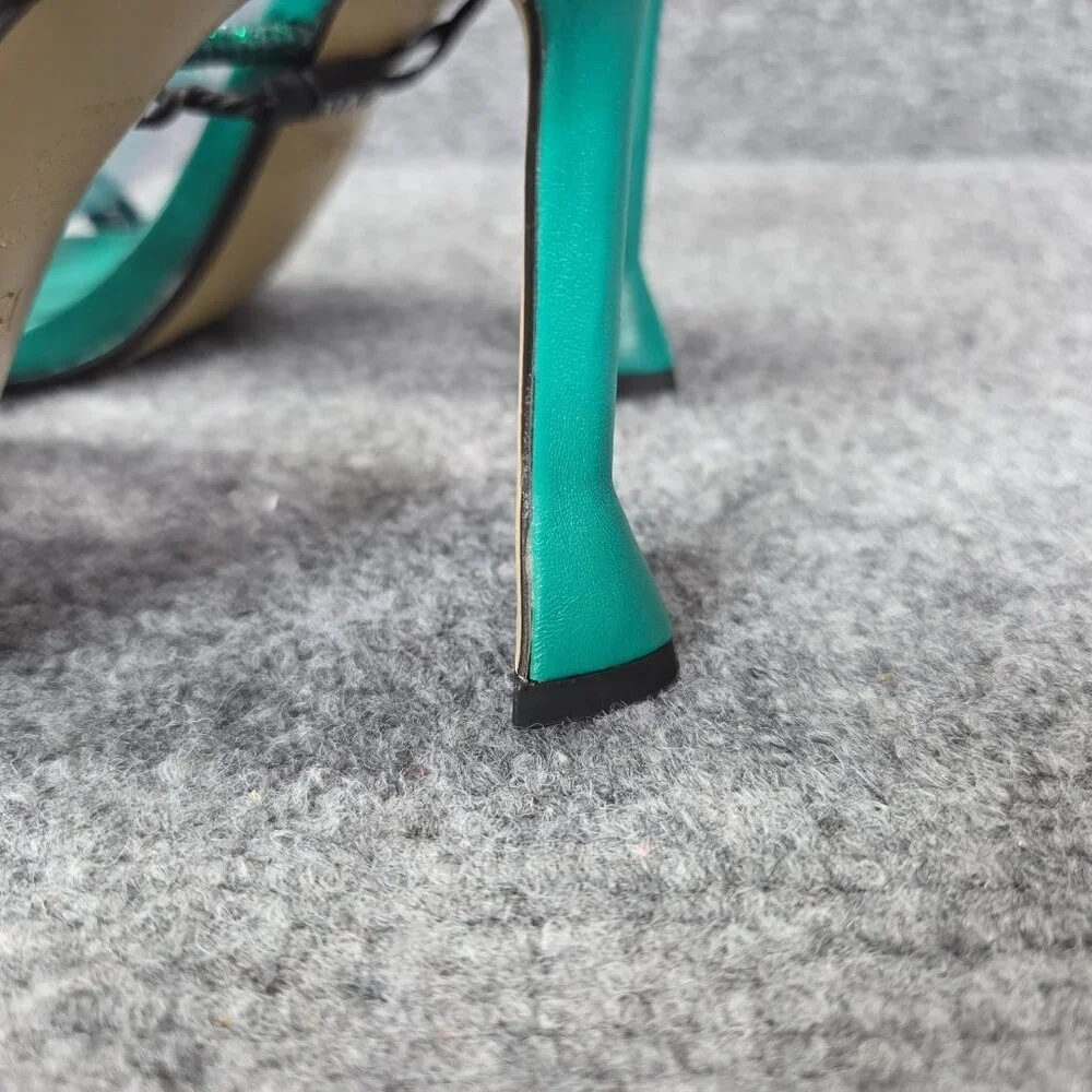 ZARA‎ Green Ankle Rhinestone Open Toe Stiletto Heels Sandals Satin EUR 41 US 10